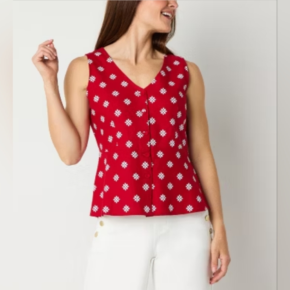 Liz Claiborne Womens V Neck Sleeveless Peplum Top red zunzi floral size large